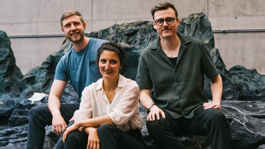 Benjamin Chamandy (Sancho), Camilla Lehmeier (Dulcinée) und Oliver Sailer (Don Quichotte) bei der Konzeptionsprobe.