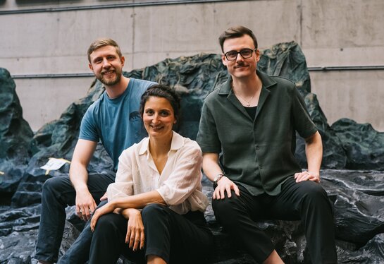 Benjamin Chamandy (Sancho), Camilla Lehmeier (Dulcinée) und Oliver Sailer (Don Quichotte) bei der Konzeptionsprobe.